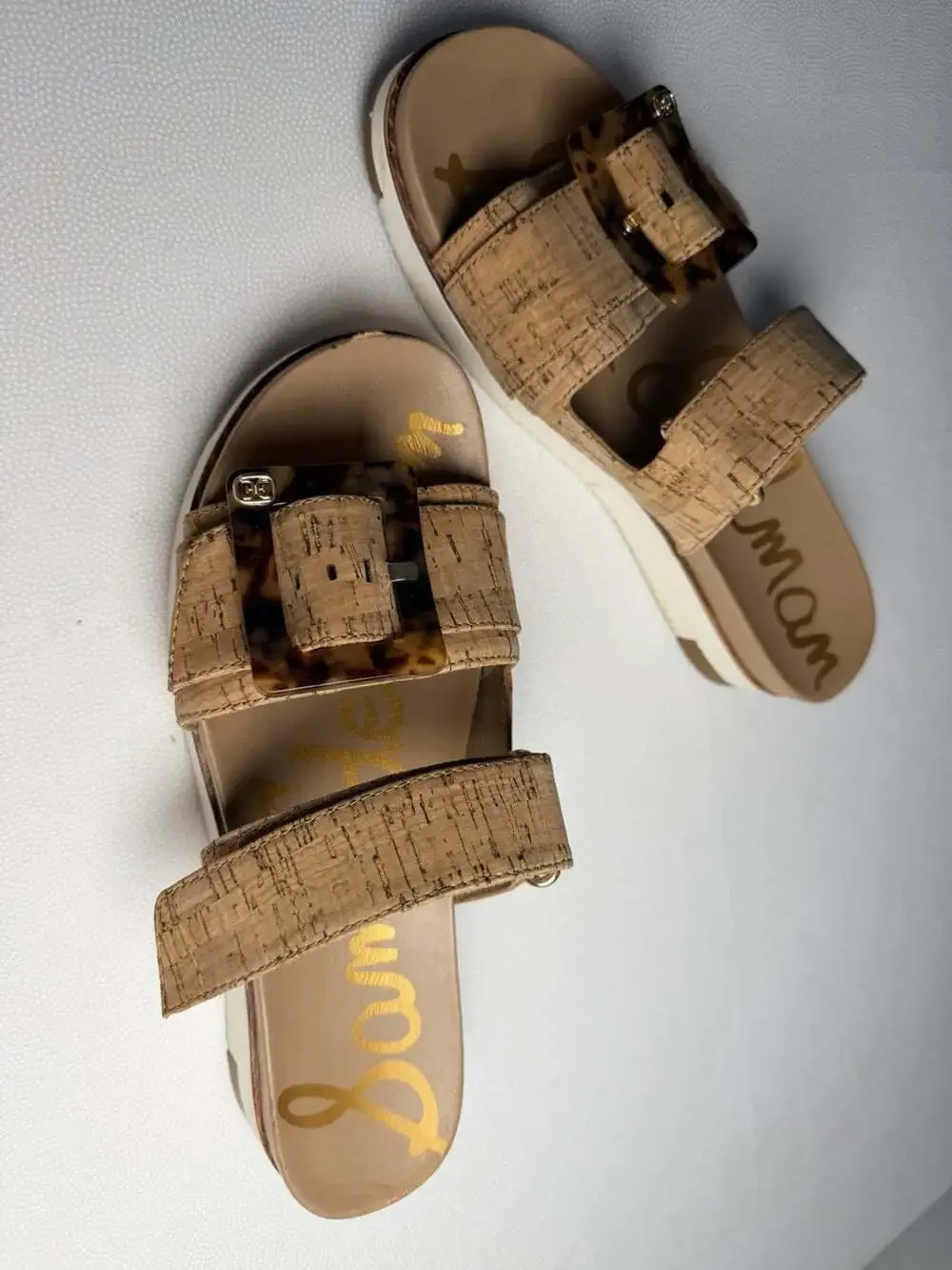 Sam Edelman Cork Slide Sandals Women 9.5 Tortoise Buckle Tan Platform
